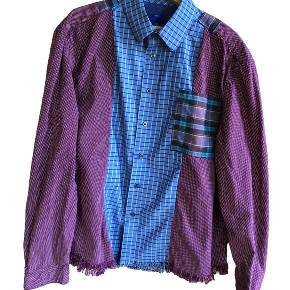 Upcycled Patchwork Button-Down Shirt, Size M-L: Boho Blue Purple Polka Dot Top - Picture 1 of 15
